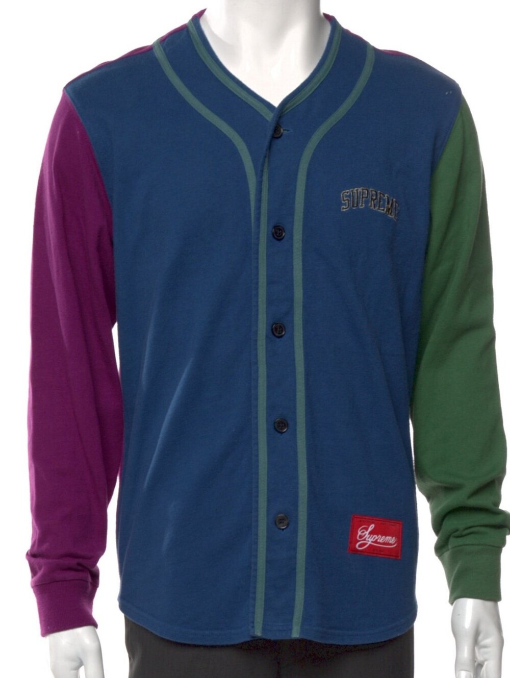 Supreme Colorblocked Button-Front Baseball Shirt in Blue, Grape & Green size M